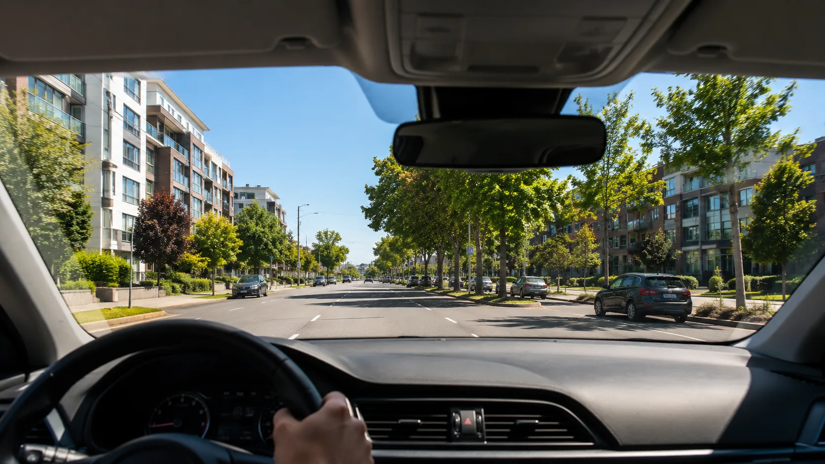 Clear view through new auto glass on a South Bay street
