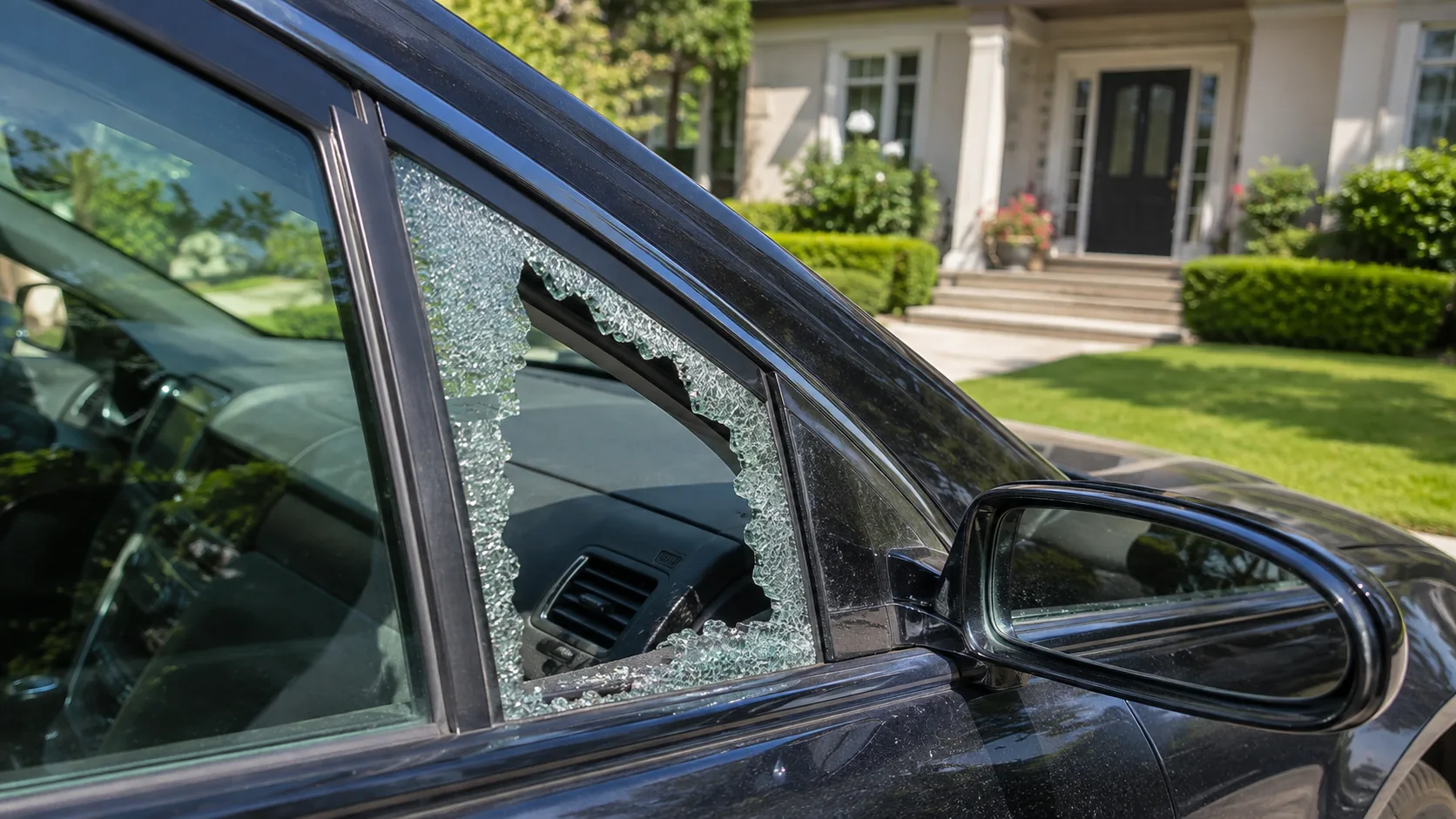 Break-in window damage outside a family home
