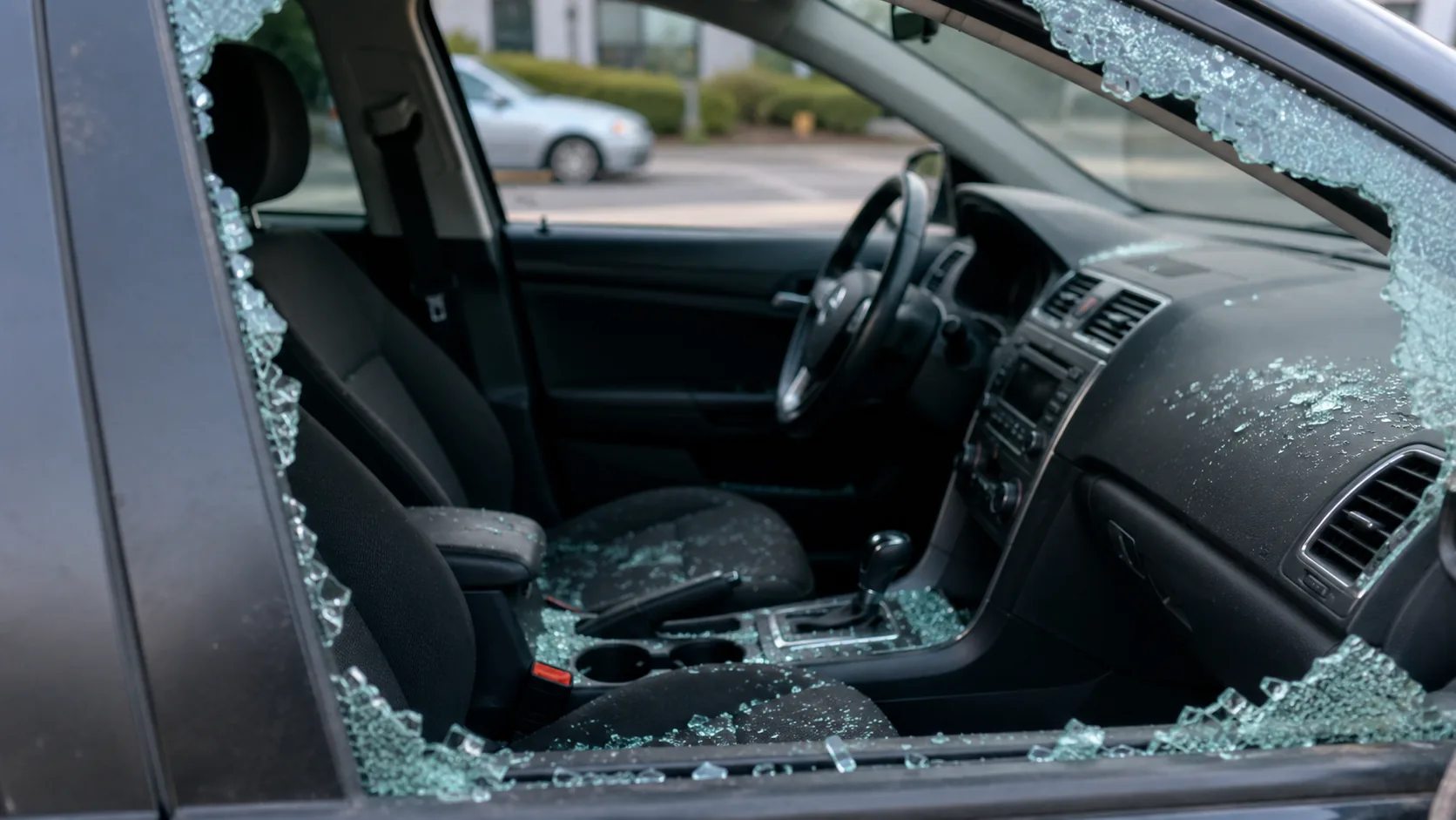Shattered window glass across a car interior after a break-in