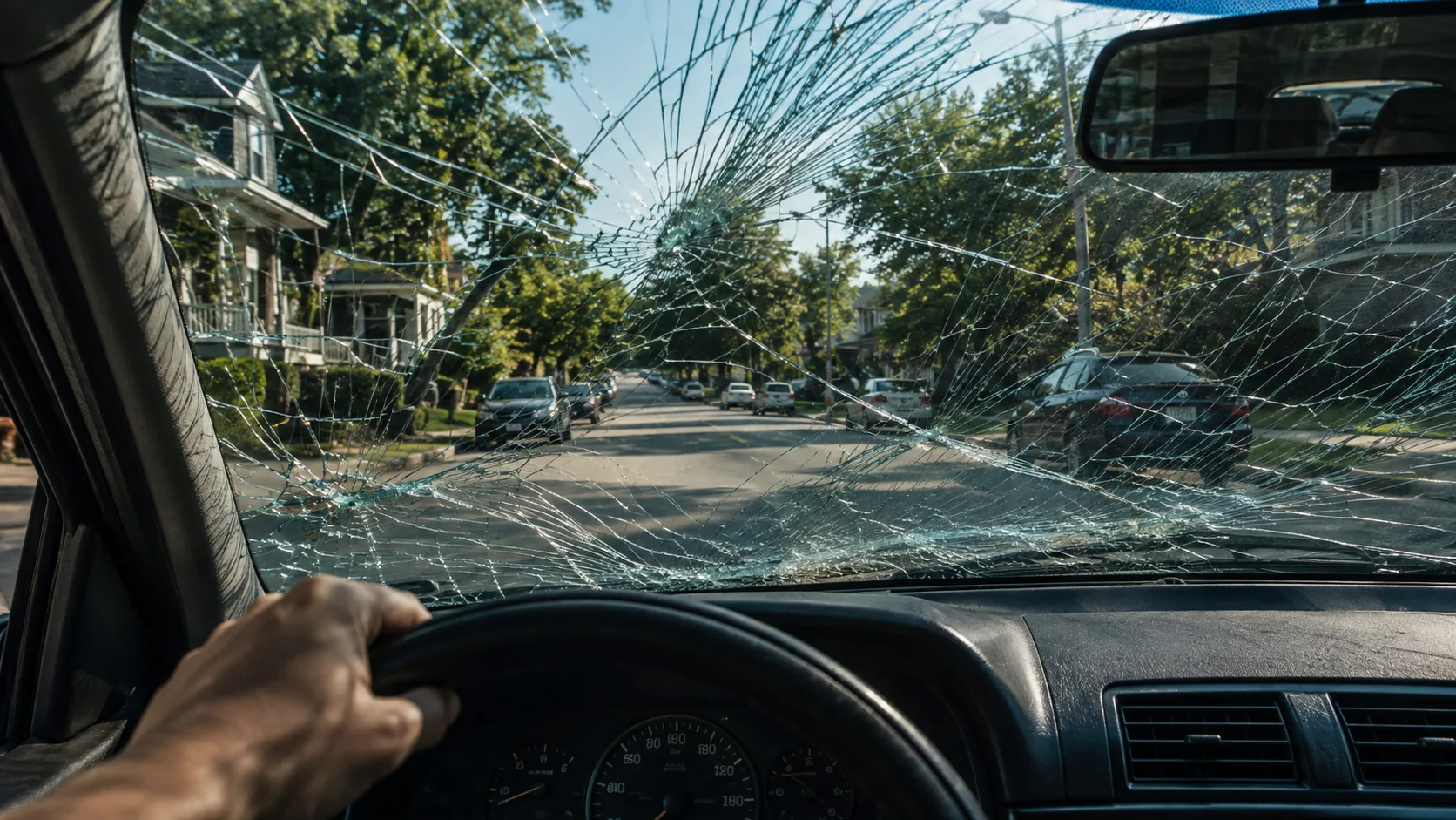 Shattered windshield damage on a tree-lined street
