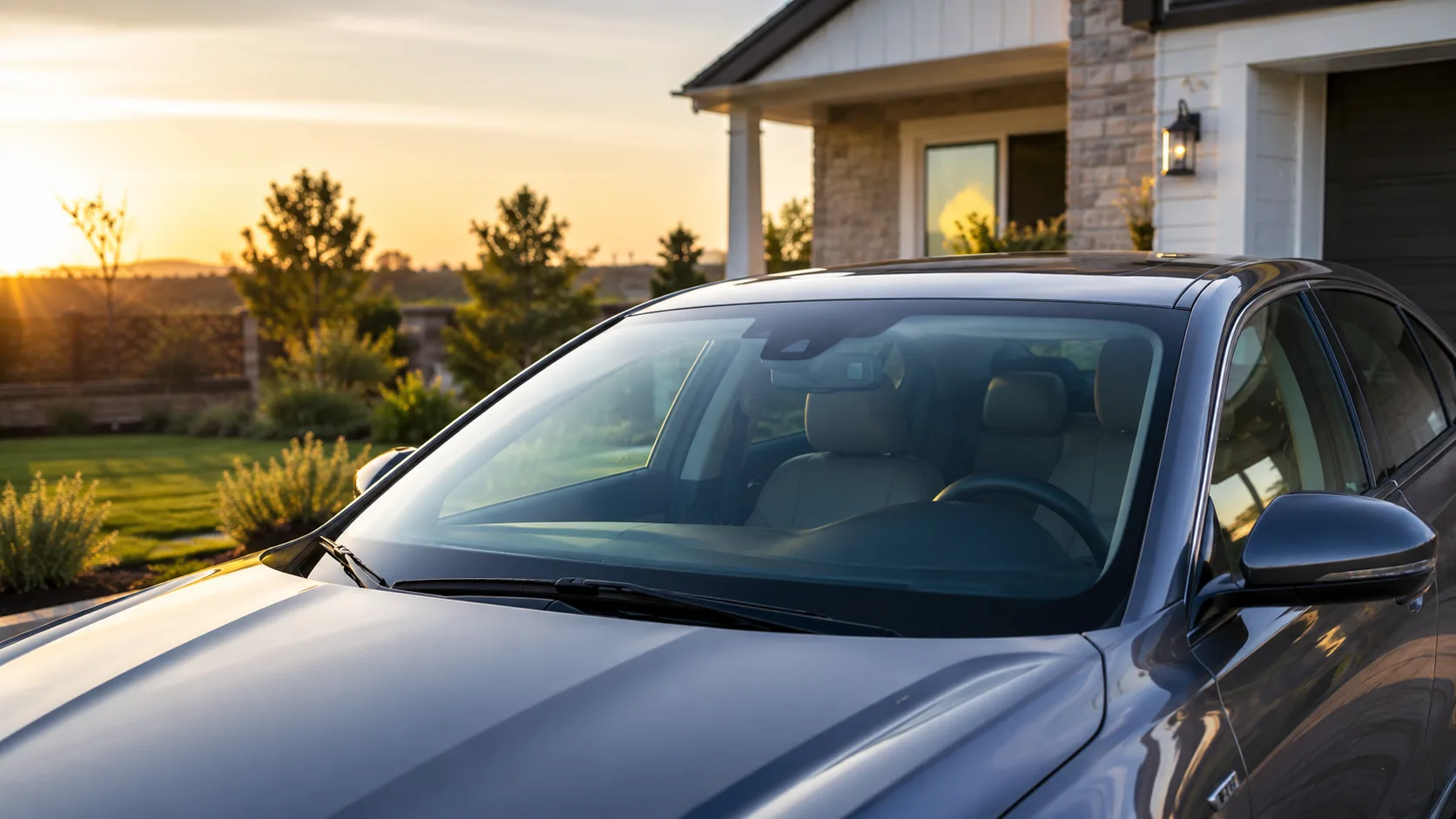 Sedan with flawless glass at golden hour after mobile service