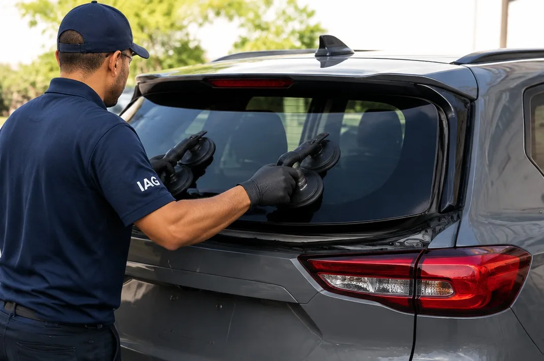 Technician replacing a rear window on an SUV in San Jose